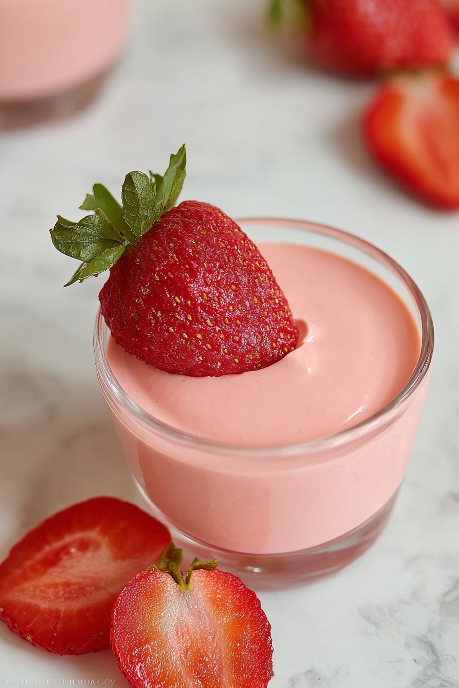 A clear glass cup holds a smooth, creamy pink layer of strawberry mousse, topped with a whole fresh red strawberry with green leaves. Around the cup, slices of bright red strawberry are placed on a white marbled surface. The mousse layer is even and thick, filling the cup almost to the top. Photo taken with an iphone --ar 2:3 --v 7 - Greek Yogurt Strawberry Jello, Greek Yogurt Strawberry Dessert, No-Bake Strawberry Jello, Healthy Strawberry Jello Recipes, Easy Strawberry Yogurt Treats