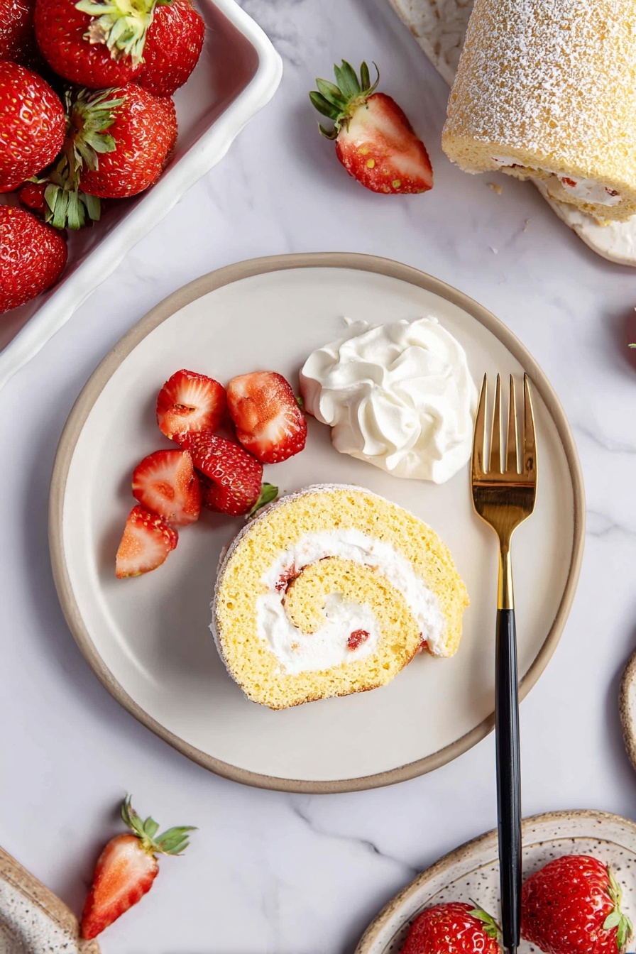 The image shows a white plate on a white marbled surface with a slice of light yellow rolled cake filled with white cream, placed near the bottom right side of the plate. On the top left of the plate, there is a small pile of whole and halved bright red strawberries with green leaves. Next to the strawberries on the left side of the plate, there is a dollop of white whipped cream. A gold fork with a black handle rests beside the cake slice on the left edge of the plate. More red strawberries are scattered on the white marbled surface around the plate, and a white rectangular dish filled with strawberries appears in the top left corner. Part of the rolled cake log is visible in the upper right corner of the image. A woman's hand holding the plate is not visible in this image. The whole scene is bright and fresh, with a clean and simple presentation. Photo taken with an iphone --ar 2:3 --v 7 - Strawberries and Cream Swiss Roll, strawberry swiss roll, cream-filled sponge cake, fruit Swiss roll dessert, easy Swiss roll recipe