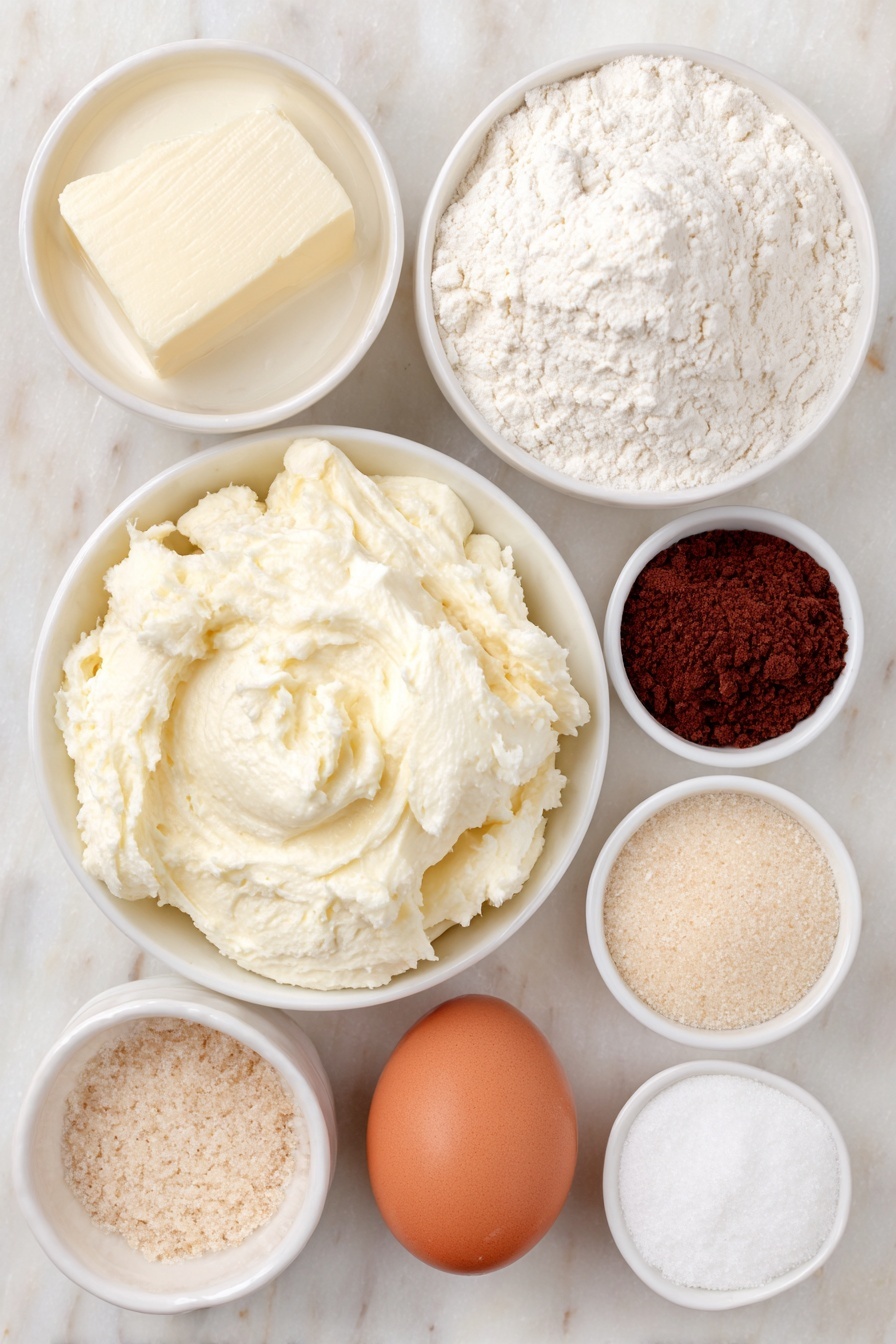 Flat lay of a small white ceramic bowl with smooth tangzhong paste, a small white ceramic bowl with whole milk and heavy cream mixed together, a small white ceramic bowl with white vinegar, a small white ceramic bowl filled with bread flour, a small white ceramic bowl with granulated sugar, a small white ceramic bowl with light brown sugar, a small white ceramic bowl with unsalted butter softened, a small white ceramic bowl with cocoa powder, a small white ceramic bowl with ground cinnamon, a small white ceramic bowl with instant yeast, a small white ceramic bowl with fine sea salt, a small white ceramic bowl with powdered sugar, a small white ceramic bowl with vanilla bean paste, a large uncracked brown egg, all ingredients fresh and natural, arranged with perfect symmetry on a clean white marble surface, soft natural light, photo taken with an iPhone, professional food photography style, fresh ingredients, white ceramic bowls, no bottles, no duplicates, no utensils, no packaging --ar 2:3 --v 7 --p m7354615311229779997 - Red Velvet Cinnamon Rolls, red velvet cinnamon rolls recipe, vibrant cinnamon roll recipe, easy red velvet rolls, festive cinnamon rolls