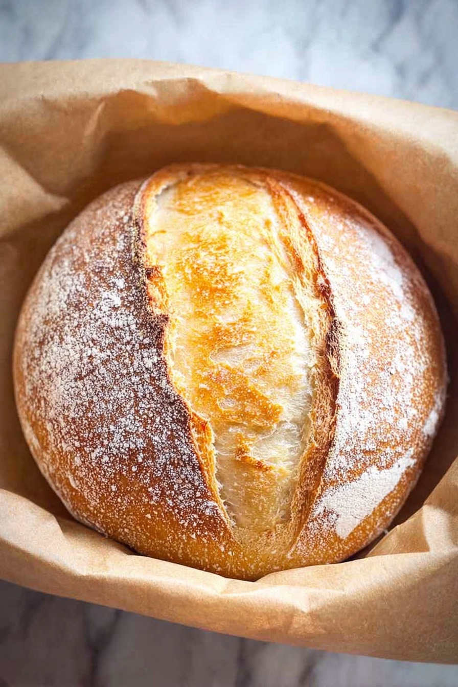 A round loaf of bread with a golden brown crust is resting in a white basket lined with light brown parchment paper. The loaf has a thick, crispy top layer with a central split showing a soft, white inside. The surface of the bread is dusted with a fine layer of white flour, adding a rustic look. The basket is placed on a white marbled surface, enhancing the warm colors of the bread. photo taken with an iphone --ar 2:3 --v 7 - Easiest No-Knead Sourdough Bread, sourdough bread, no-knead bread, artisan bread, beginner sourdough recipe