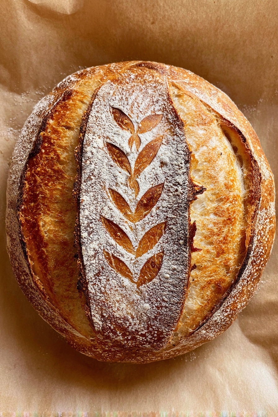 A round loaf of bread with a golden brown crust sits on crumpled beige parchment paper inside a white pot. The bread has two long oval cuts on top that show its light, airy inside. Around these cuts, small leaf patterns are scored into the crust, which is dusted with white flour, adding texture and detail. The surface of the bread is shiny and crisp with darker and lighter shades of brown, showing it is well baked. The background is a white marbled texture. photo taken with an iphone --ar 2:3 --v 7 - Overnight Sourdough Bread, sourdough bread recipe, easy sourdough loaf, homemade sourdough bread, no-knead sourdough bread