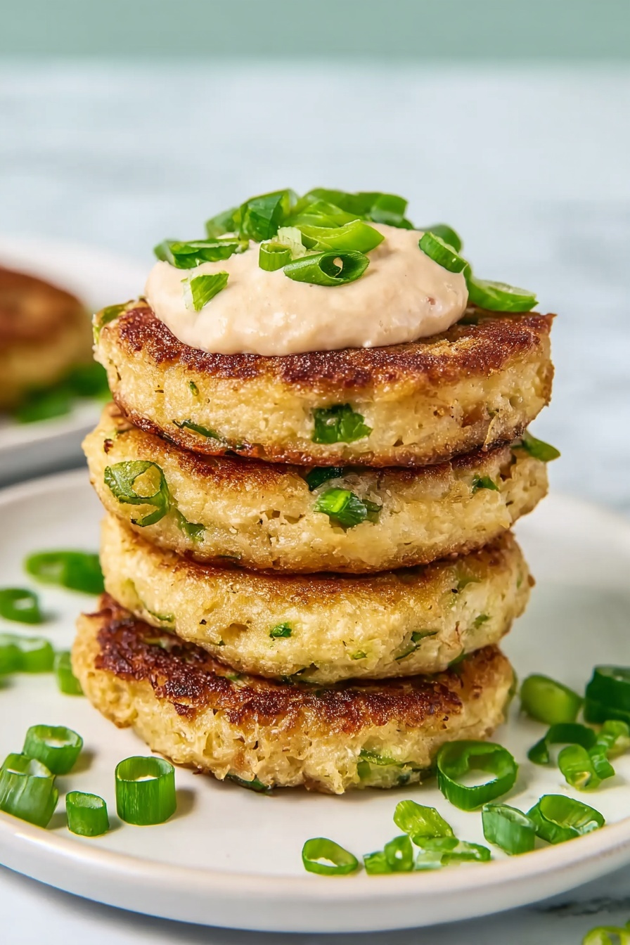 The image shows a white plate filled with twelve golden brown pancakes arranged in overlapping layers. The pancakes are round and have a slightly crispy texture with small green scallion slices scattered on top. To the top right of the plate, there is a small white bowl filled with creamy, light beige sauce. The plate and bowl are placed on a white marbled surface. Photo taken with an iphone --ar 2:3 --v 7 - Irish Potato Pancakes, Irish potato pancakes, Boxty pancakes, traditional Irish potato pancakes, easy Irish potato pancakes