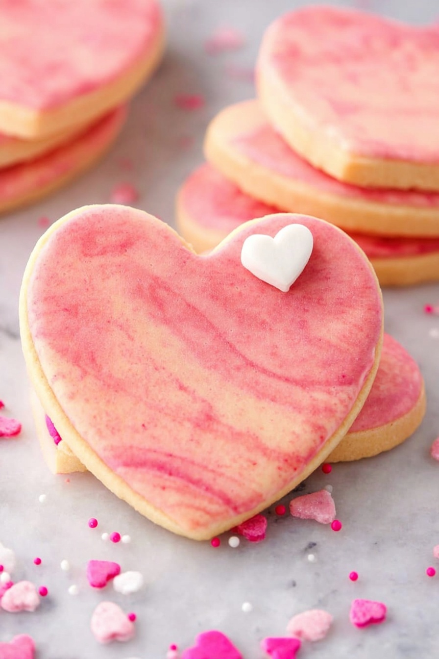 The image shows several heart-shaped cookies with a smooth, pale pink coating that has subtle darker pink speckles all over. The cookies are stacked and also scattered on a white marbled surface. The texture of the coating looks soft and matte with a slight sheen, giving the cookies a delicate appearance. Some round cookies with the same pink color are visible in the foreground, one of which has a small pink heart-shaped decoration on top. The background is bright and softly blurred, emphasizing the cookies in the front. photo taken with an iphone --ar 2:3 --v 7 - Pink White Chocolate Fudge, white chocolate fudge recipe, pink fudge dessert, easy white chocolate fudge, homemade fudge ideas