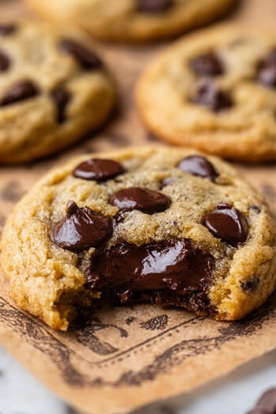 A batch of about fifteen round chocolate chip cookies is shown, all golden brown with visible dark chocolate chips scattered on top. They are laid out on a gold wire cooling rack that sits on a sheet of brown parchment paper with printed text. To the top right, more cookies are stacked in a white bowl, and a few loose cookies sit on small wooden trays and around the rack. There is a white bowl filled with dark chocolate chips placed at the upper left. The whole scene rests on a white marbled surface. photo taken with an iphone --ar 2:3 --v 7 - Brown Butter Sourdough Chocolate Chip Cookies, sourdough cookie recipes, brown butter cookies, sourdough discard cookies, chewy chocolate chip cookies