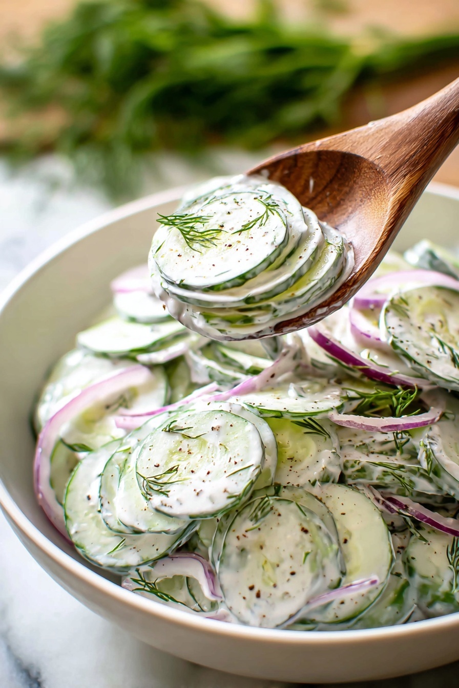 A white bowl filled with creamy cucumber salad shows thin round cucumber slices coated in white creamy dressing with green dill sprinkled on top, mixed with thin light purple onion strips, all layered evenly inside the bowl. A wooden spoon holds several layered slices of cucumber and onion, lifted from the bowl, with flecks of black pepper and dill visible on the salad. The background features a blurred green herb and a white marbled surface photo taken with an iphone --ar 2:3 --v 7 - Creamy Cucumber Salad with Dill, easy cucumber salad, fresh dill cucumber side, cool summer salad, healthy cucumber recipes