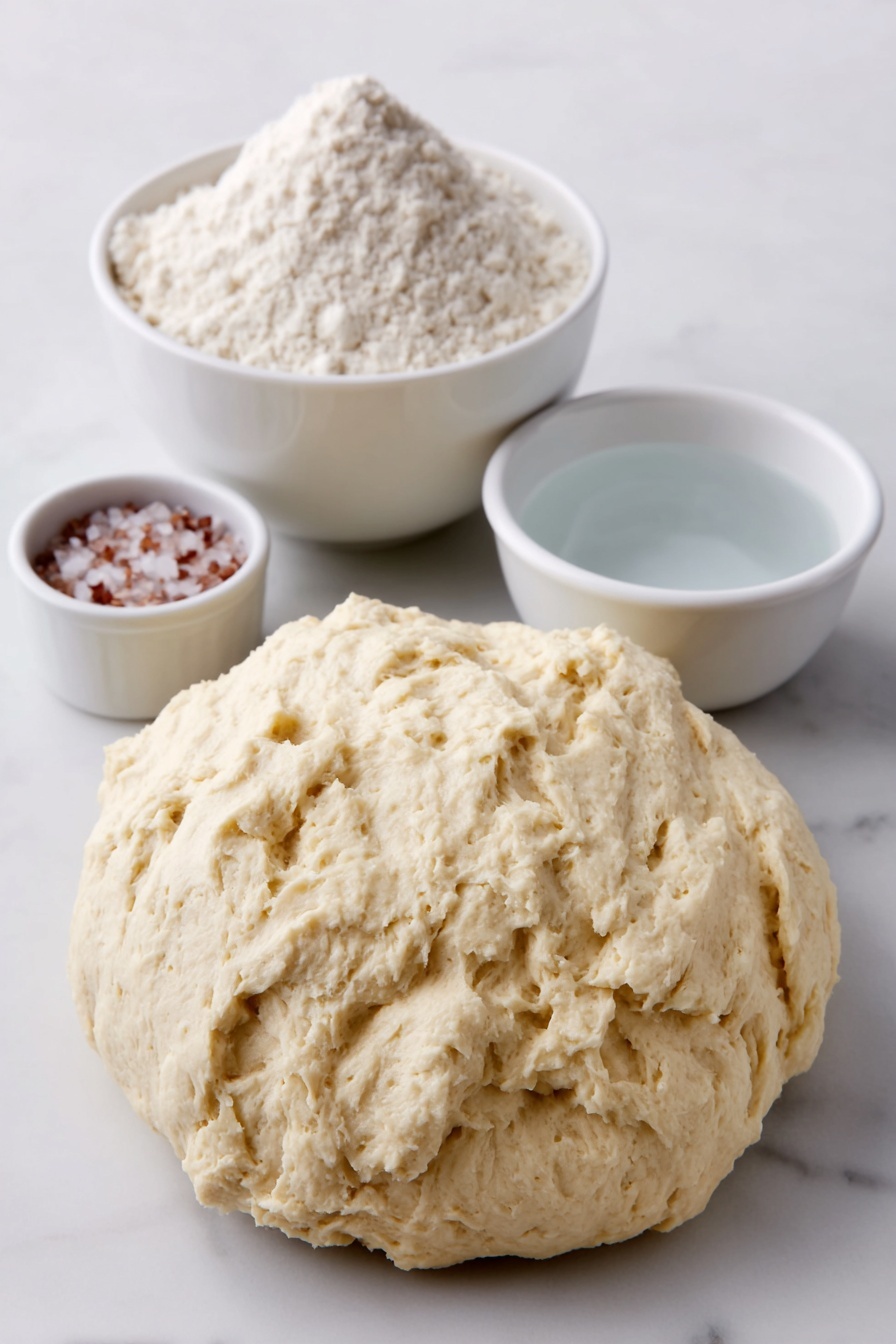 Flat lay of a small mound of natural sourdough starter with a bubbly texture, a heaping pile of fine all-purpose flour, a small white ceramic bowl filled with coarse salt crystals, a small white ceramic bowl containing clear water, each ingredient fresh and natural, arranged with perfect symmetry and realistic proportions, placed on a clean white marble surface, soft natural light, photo taken with an iPhone, professional food photography style, fresh ingredients, white ceramic bowls, no bottles, no duplicates, no utensils, no packaging --ar 2:3 --v 7 --p m7354615311229779997 - Overnight Sourdough Bread, sourdough bread recipe, easy sourdough loaf, homemade sourdough bread, no-knead sourdough bread