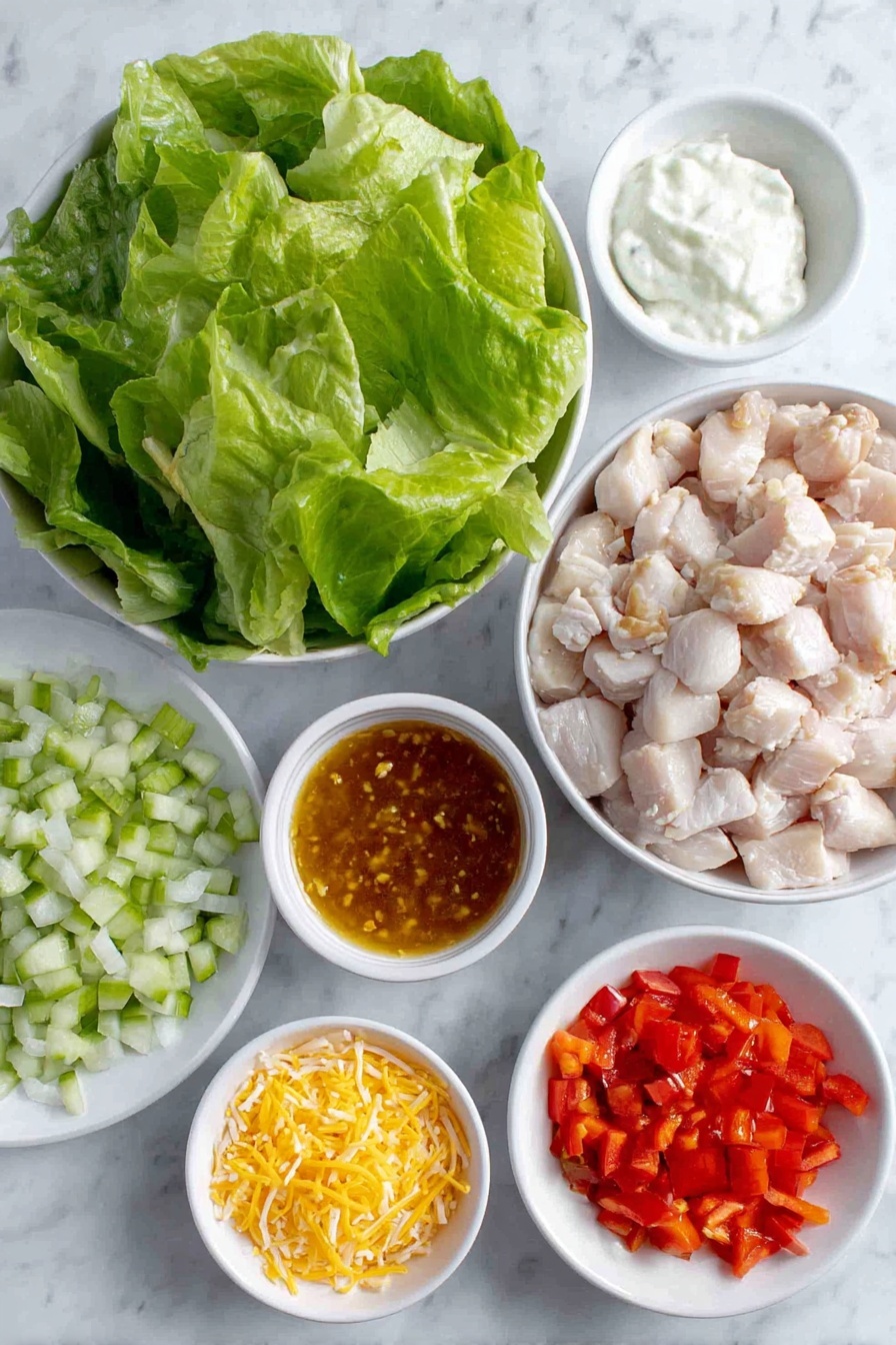 Flat lay of diced cooked chicken breast, small white bowl of golden honey garlic sauce, small white bowl of bright red buffalo wing sauce, two heads of fresh chopped romaine lettuce, small white bowl of creamy ranch dressing, half medium diced red onion, large diced red bell pepper, half large diced cucumber, small pile of shredded cheddar cheese, all arranged with perfect symmetry and realistic proportions on simple white ceramic plates and bowls, placed on a clean white marble surface, soft natural light, photo taken with an iPhone, professional food photography style, fresh ingredients, white ceramic bowls, no bottles, no duplicates, no utensils, no packaging --ar 2:3 --v 7 --p m7354615311229779997 - Honey Hot Chicken Salad, spicy chicken salad, buffalo chicken salad, easy chicken salad recipes, quick lunch ideas