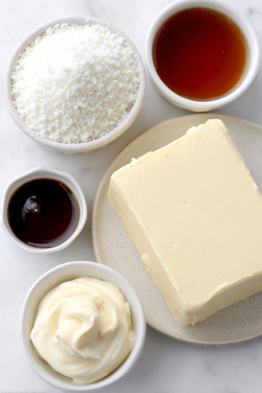 Flat lay of a block of pale yellow salted butter, a small mound of fine white powdered sugar on a simple white ceramic plate, two small white ceramic bowls—one with clear vanilla extract and the other with light amber almond extract, a pinch of coarse salt arranged neatly on a tiny white ceramic dish, a small white bowl filled with creamy French vanilla coffee creamer, all ingredients fresh and natural, perfectly balanced and symmetrical, placed on a clean white marble surface, soft natural light, photo taken with an iPhone, professional food photography style, fresh ingredients, white ceramic bowls, no bottles, no duplicates, no utensils, no packaging --ar 2:3 --v 7 --p m7354615311229779997 - Creamy Buttercream Frosting for Sugar Cookies, vanilla almond frosting, easy sugar cookie frosting, silky buttercream icing, homemade frosting for sugar cookies