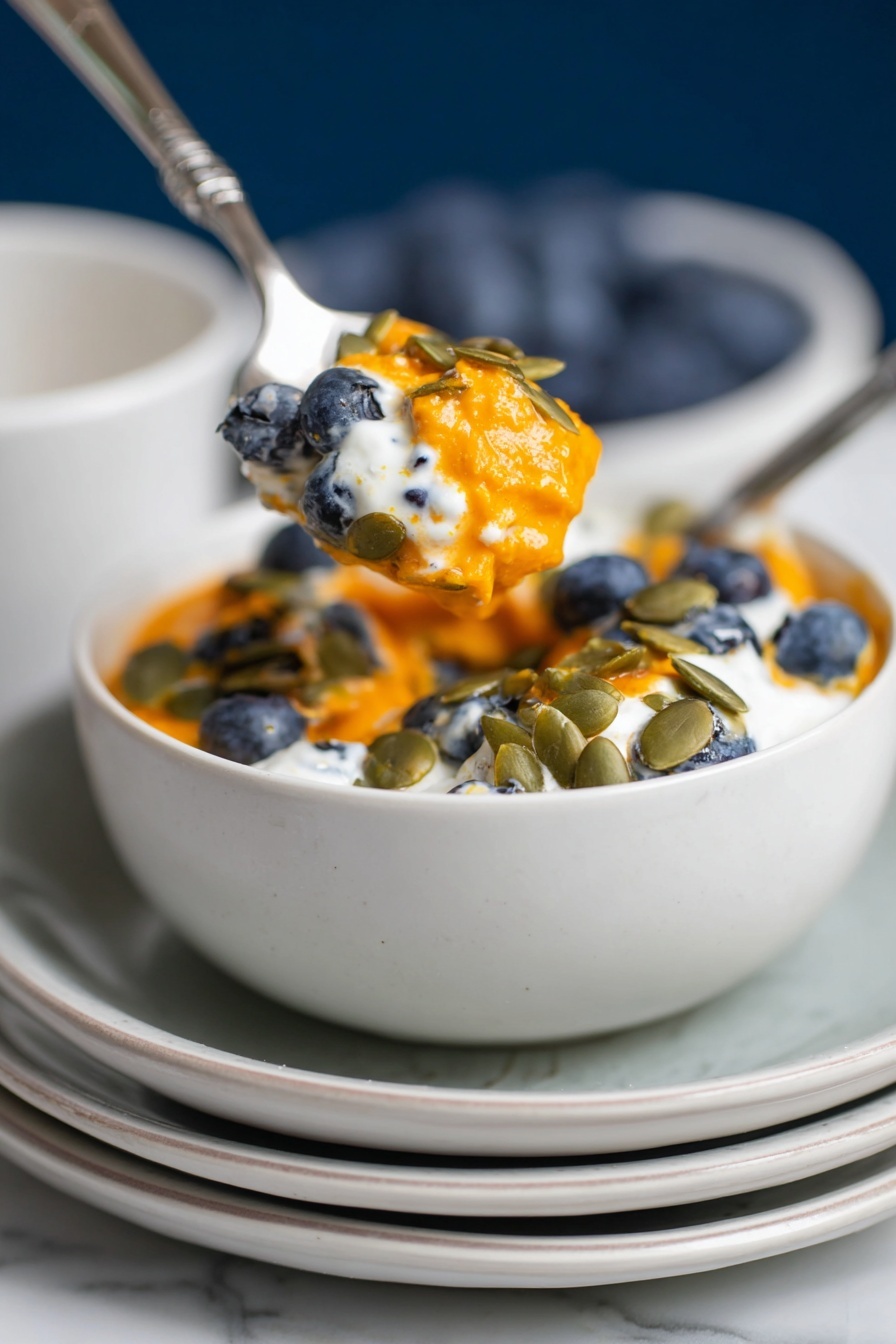 A white bowl filled with a layered dish showing dark blue blueberries at the bottom, topped with bright orange puree sprinkled with green pumpkin seeds, and small patches of white cream on top and around the edges. A spoon lifts a scoop from the bowl, displaying the orange puree with pumpkin seeds and some white cream on it. The bowl sits on stacked white plates against a white marbled surface in soft light. Photo taken with an iphone --ar 2:3 --v 7 - Sweet Potato Breakfast Bowl with Blueberries, healthy sweet potato breakfast ideas, nutritious blueberry breakfast recipes, easy wholesome breakfast bowls, delicious morning smoothie bowls