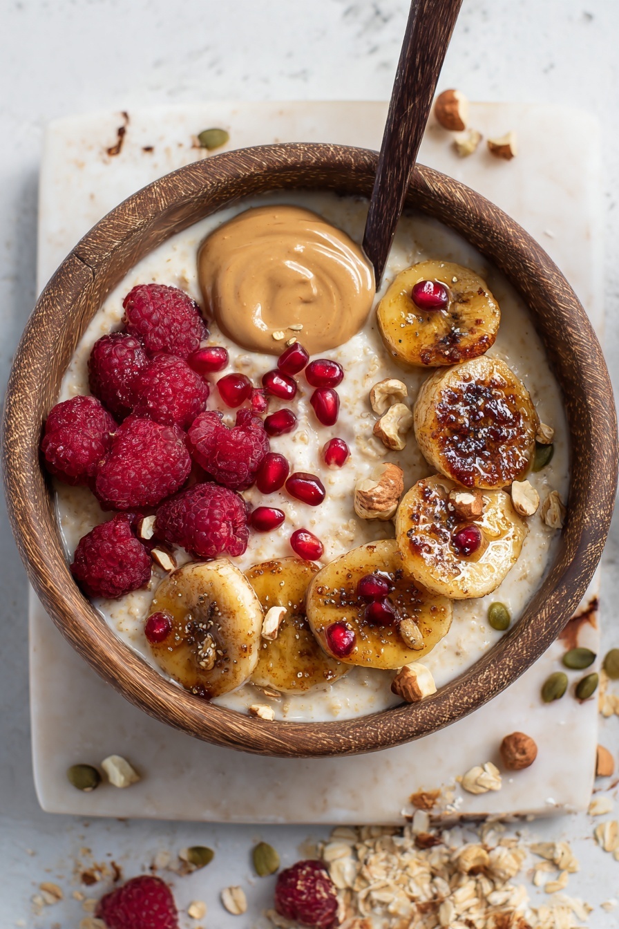 A wooden bowl is filled with a creamy light beige oatmeal base. On top, caramelized banana slices with a shiny golden brown glaze cover the right side, sprinkled with small pieces of hazelnuts and bright red pomegranate seeds. On the left side, there is a cluster of fresh red raspberries sitting next to a dollop of smooth light brown almond butter. Around the edges, some granola bits with a crunchy texture and pumpkin seeds add contrast. A dark wooden spoon rests inside the bowl. The bowl is placed on a white marbled surface with scattered granola and raspberry around it. Photo taken with an iphone --ar 2:3 --v 7 - Caramelized Banana Oatmeal, Banana Oatmeal Breakfast, Delicious Oatmeal Recipes, Easy Healthy Breakfast, Caramelized Banana Recipe