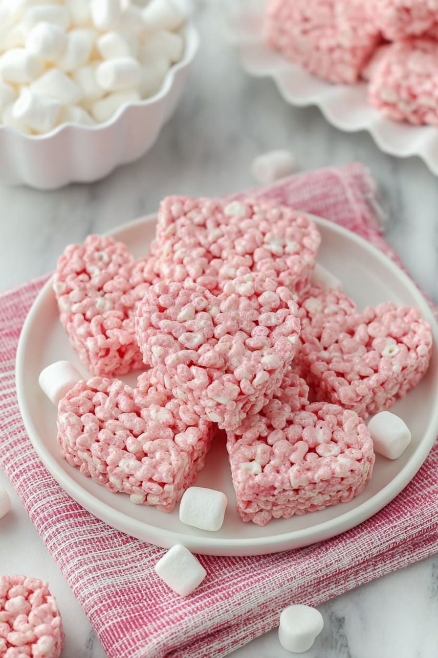The image shows a stack of heart-shaped rice treats made of pink and white puffed rice, with a few white marshmallows visible within the texture. The treats have a rough, bumpy surface with the grains clearly visible. They are placed on a white plate resting on a soft pink and white checkered cloth, with a few small white marshmallows scattered nearby. The background has a soft pale tone with blurred elements, keeping the focus on the treats. photo taken with an iphone --ar 2:3 --v 7 - Strawberry Rice Krispie Treat Hearts, fruity Rice Krispie treats, no-bake strawberry treats, heart-shaped dessert ideas, easy strawberry cereal bars