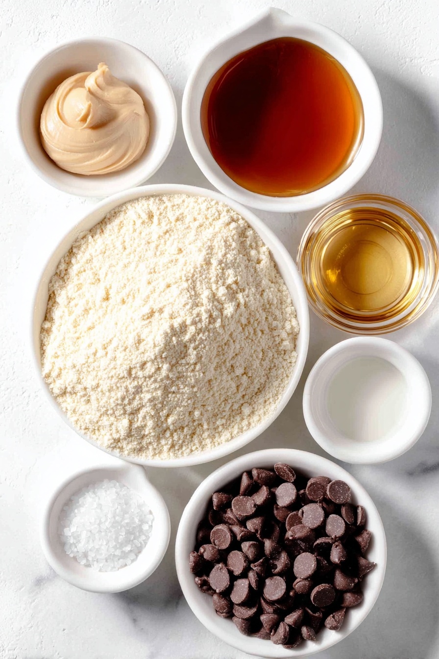 Flat lay of a small mound of pale almond flour, a smooth dollop of light tan cashew butter, a small white bowl filled with amber-colored maple syrup, a small white bowl containing clear melted coconut oil, a tiny white bowl with translucent vanilla extract, a pinch of fine white sea salt scattered delicately, a handful of glossy semi-sweet chocolate chips spread naturally, and a small white bowl with flaky sea salt crystals, all arranged symmetrically on simple white ceramic dishes and bowls, placed on a clean white marble surface, soft natural light, photo taken with an iPhone, professional food photography style, fresh ingredients, white ceramic bowls, no bottles, no duplicates, no utensils, no packaging --ar 2:3 --v 7 --p m7354615311229779997 - Healthy Cookie Dough Bark, Healthy Cookie Dough Bark Recipe, Guilt-Free Cookie Dessert, No-Bake Healthy Treat, Easy Healthy Snack