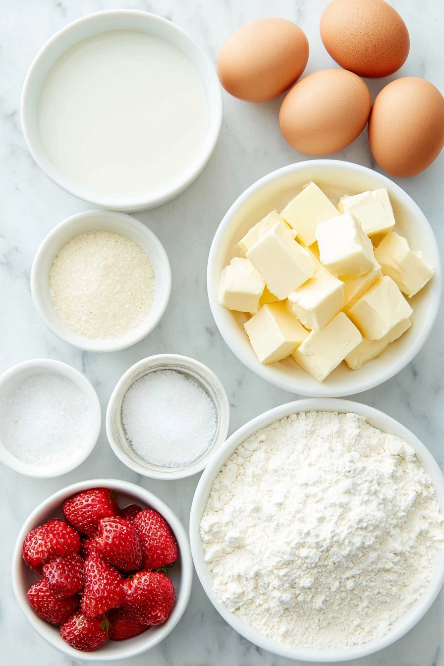 Flat lay of a small white ceramic bowl of water, a small white ceramic bowl of whole milk, a small white ceramic bowl of unsalted butter cubes, a small white ceramic bowl of granulated sugar, a small white ceramic bowl of salt, a small white ceramic bowl of bread flour, four large whole uncracked eggs with clean shells, a small white ceramic bowl of pureed fresh strawberries, a small white ceramic bowl of powdered sugar, a small white ceramic bowl of freeze-dried strawberry bits, placed on a clean white marble surface, soft natural light, photo taken with an iPhone, professional food photography style, fresh ingredients, white ceramic bowls, no bottles, no duplicates, no utensils, no packaging --ar 2:3 --v 7 --p m7354615311229779997 - Strawberry Glazed French Crullers, French crullers recipe, strawberry glaze pastry, homemade French crullers, easy fruit-topped donuts