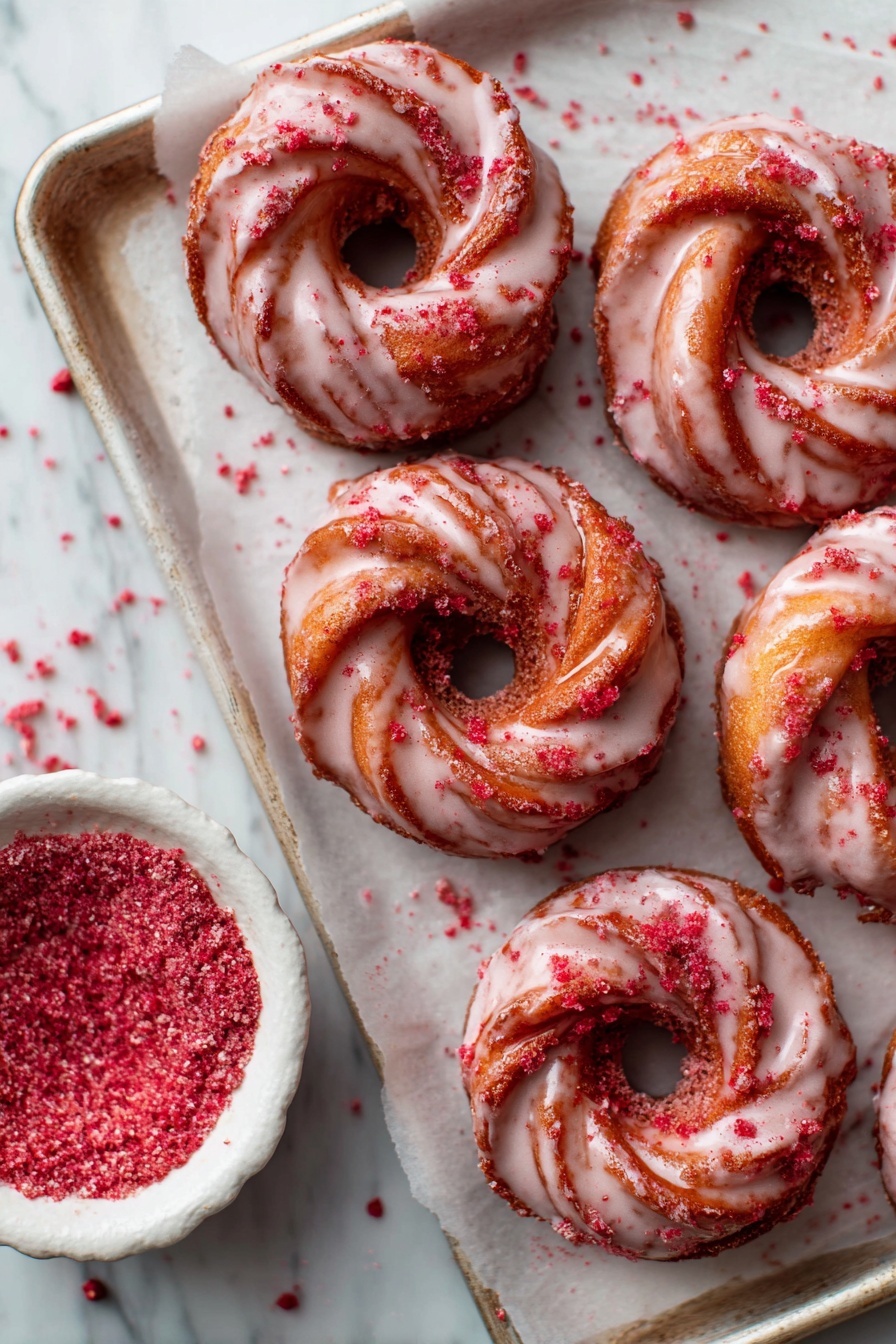 The image shows six round, twisted donuts on a white tray with parchment paper. Each donut has a light pink shiny glaze drizzled over the top and is dusted with red crumbs. There is a small white bowl filled with the same red crumbs at the bottom left corner. The background is a white marbled texture. photo taken with an iphone --ar 2:3 --v 7 - Strawberry Glazed French Crullers, French crullers recipe, strawberry glaze pastry, homemade French crullers, easy fruit-topped donuts