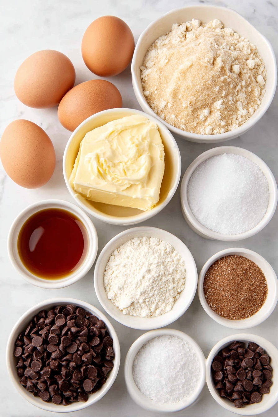 Flat lay of a small pool of golden brown butter with browned bits, a small white ceramic bowl of packed light brown sugar, a small white ceramic bowl of granulated sugar, two whole large eggs with clean shells, a small white ceramic bowl of pale beige sourdough discard, a small white ceramic bowl of rich amber vanilla extract, a small white ceramic bowl filled with all-purpose flour, a small white ceramic bowl containing white baking soda, a small white ceramic bowl with white baking powder, a small white ceramic bowl holding white flaky sea salt, a small white ceramic bowl with light brown ground cinnamon, and a small white ceramic bowl filled with dark semi-sweet chocolate chips — all arranged with perfect symmetry on a clean white marble surface, soft natural light, photo taken with an iPhone, professional food photography style, fresh ingredients, white ceramic bowls, no bottles, no duplicates, no utensils, no packaging --ar 2:3 --v 7 --p m7354615311229779997 - Brown Butter Sourdough Chocolate Chip Cookies, sourdough cookie recipes, brown butter cookies, sourdough discard cookies, chewy chocolate chip cookies