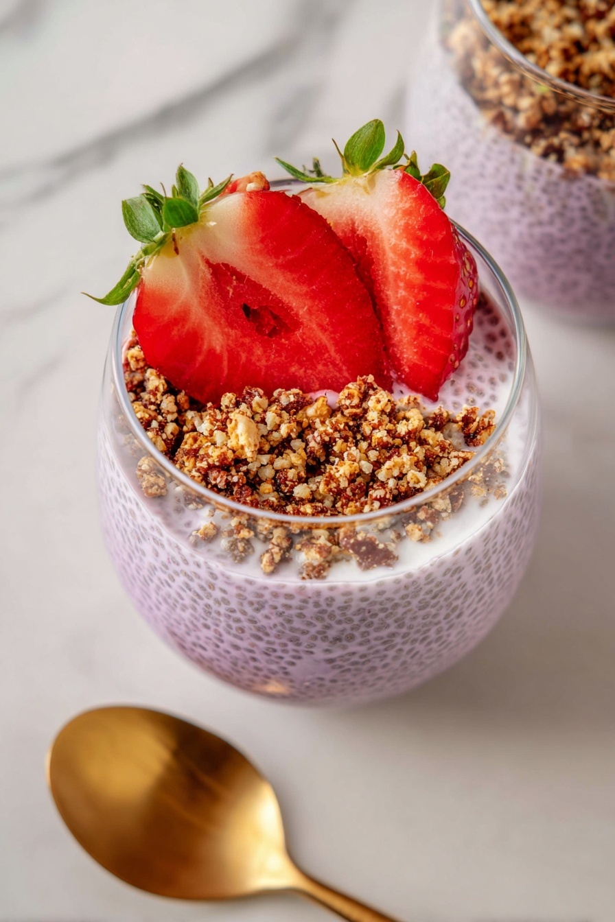 The image shows a clear glass filled with two main layers: the bottom layer is light purple chia pudding with visible chia seeds, and the top layer is a topping divided into two parts. On one side, there are small, light brown nut crumbles with a coarse texture, and on the other side, there is a half strawberry that is sliced thinly, fanned out, and placed with its green leafy top visible. The glass is placed on a white marbled surface, next to a shiny golden spoon that is slightly blurred in the background. Photo taken with an iphone --ar 2:3 --v 7 - Strawberry Chia Pudding with Almond Coconut Crumble, healthy strawberry chia pudding, fruit and nut breakfast, vegan chia pudding, nutritious dessert ideas