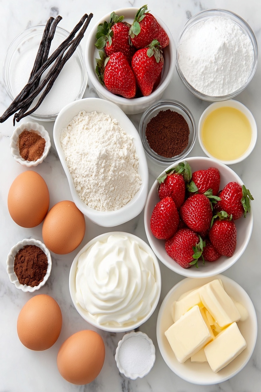 Flat lay of a small mound of all-purpose flour, two large brown eggs with uncracked shells, a small white bowl of white granulated sugar, a small white bowl of sour cream, a small white bowl of melted unsalted butter, a few fresh vanilla beans pods, a small white bowl of milk, a quarter teaspoon pile of nutmeg powder, a small white bowl of baking powder, a small white bowl of baking soda, a pinch of salt crystals, fresh washed strawberries quartered, a small white bowl overflowing with powdered sugar, and a small white bowl containing a small amount of milk, all arranged with perfect symmetry and realistic proportions in simple white ceramic bowls and plates placed on a clean white marble surface, soft natural light, photo taken with an iPhone, professional food photography style, fresh ingredients, white ceramic bowls, no bottles, no duplicates, no utensils, no packaging --ar 2:3 --v 7 --p m7354615311229779997 - Strawberry Glazed Donuts, strawberry glazed donuts recipe, fluffy strawberry donuts, homemade strawberry donuts, easy strawberry donut glaze
