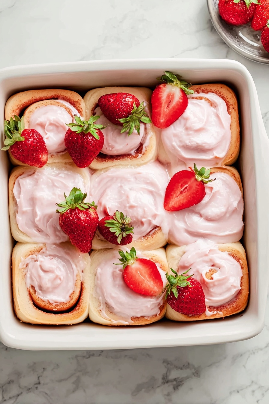 The image shows nine soft cinnamon rolls in a white square baking dish, arranged in a 3 by 3 pattern. Each roll is topped with light pink frosting that has a smooth and creamy texture, spread unevenly over the spiral layers of the rolls. Fresh red strawberries, some whole and some sliced in half, are placed on top of several rolls, adding a pop of bright red and green from the leaves. The baking dish sits on a white marbled surface, and the photo is taken from a top-down view. photo taken with an iphone --ar 2:3 --v 7 - Strawberry Cinnamon Rolls with Cream Cheese Glaze, strawberry cinnamon rolls, cream cheese glazed cinnamon rolls, fruity cinnamon rolls, easy strawberry dessert