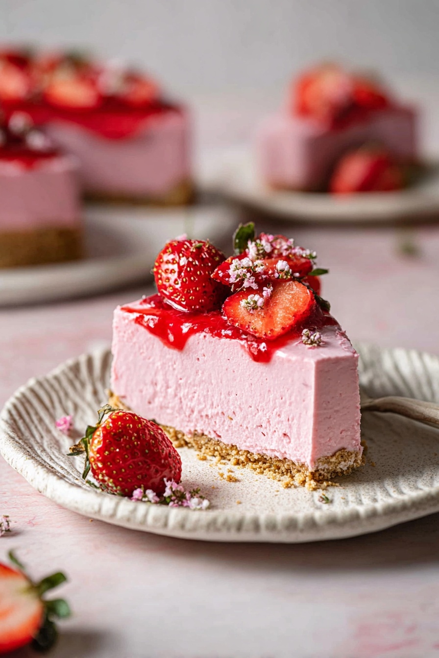 A slice of strawberry cheesecake is shown on a white ceramic plate with textured edges. The dessert has two layers: a light brown crumbly crust at the bottom, and a thick, smooth pink creamy cheesecake layer on top. The cheesecake is topped with bright red strawberry sauce and fresh strawberries, with some small white sprinkles on the strawberries. In the background, two more slices of the same cheesecake are visible on the same white marbled surface. photo taken with an iphone --ar 2:3 --v 7 - Vegan Strawberry Cheesecake, dairy-free strawberry cheesecake, plant-based dessert, vegan berry cheesecake, easy vegan cheesecake