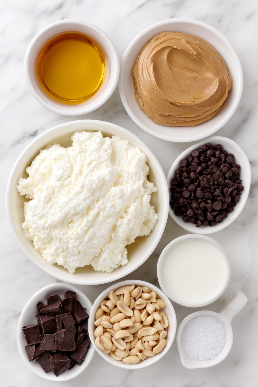 Flat lay of fresh full-fat cottage cheese scooped into a small white ceramic bowl, a smooth dollop of natural creamy peanut butter on a white plate, a small white bowl filled with golden maple syrup, a small white bowl with clear vanilla extract, a pinch of coarse salt crystals scattered neatly on the surface, a small white bowl of fresh milk, a small white bowl holding glossy dark chocolate chips, a tiny white bowl with liquid coconut oil, and a small pile of chopped raw peanuts arranged artfully around the bowls, placed on a clean white marble surface, soft natural light, photo taken with an iPhone, professional food photography style, fresh ingredients, white ceramic bowls, no bottles, no duplicates, no utensils, no packaging --ar 2:3 --v 7 --p m7354615311229779997 - Peanut Butter Cottage Cheese Mousse, healthy peanut butter dessert, quick cottage cheese snack, protein-packed mousse recipe, easy healthy desserts