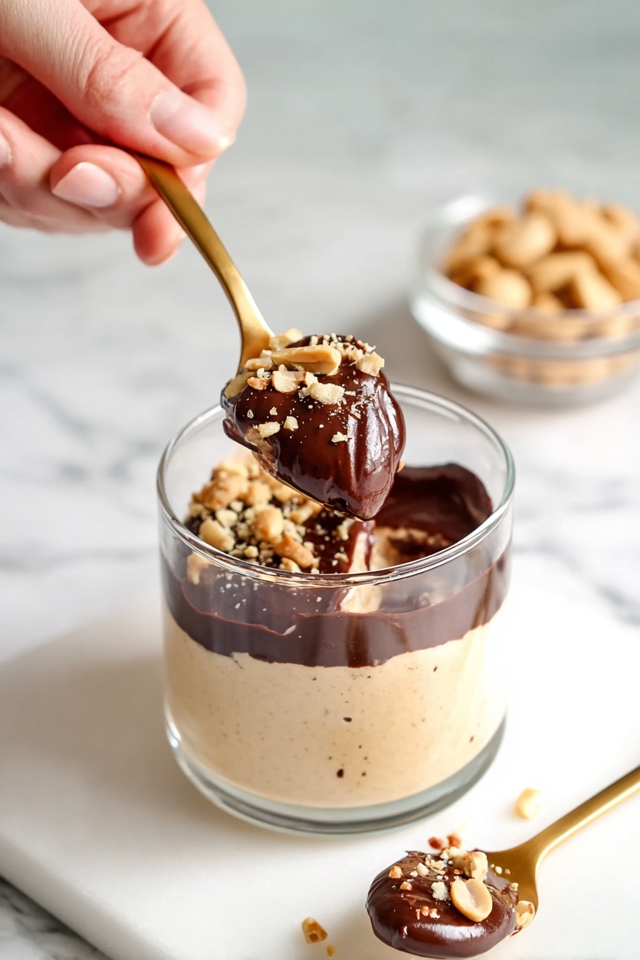 A clear glass cup filled with two layers: the bottom layer is smooth, creamy light beige with tiny specks, and the top layer is thick, dark brown chocolate sauce sprinkled with small pieces of chopped nuts. A woman's hand holds a gold spoon lifting a scoop showing both layers together, with some nuts on top. Another gold spoon with a small amount of dessert rests on a white marbled surface in front. In the background, there is a small clear bowl of peanuts. Photo taken with an iphone --ar 2:3 --v 7 - Peanut Butter Cottage Cheese Mousse, healthy peanut butter dessert, quick cottage cheese snack, protein-packed mousse recipe, easy healthy desserts