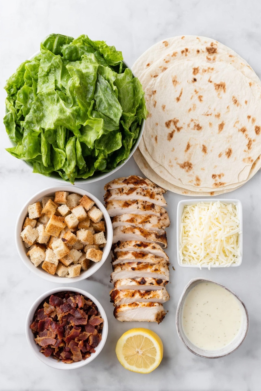 Flat lay of four large plain flour tortillas laid flat, fresh bright green romaine lettuce leaves, two grilled chicken breasts sliced into strips with golden char marks, small white ceramic bowl with finely grated pale parmesan cheese, small white ceramic bowl filled with halved vibrant red cherry tomatoes, small white ceramic bowl holding crunchy golden-brown croutons, small white ceramic bowl containing smoky brown bacon bits, small white ceramic bowl with creamy off-white Caesar dressing, small white ceramic bowl with fresh lemon wedges, small white ceramic bowl with a pinch of black pepper, small white ceramic bowl with garlic powder, all ingredients arranged symmetrically on a clean white marble surface, soft natural light, photo taken with an iPhone, professional food photography style, fresh ingredients, white ceramic bowls, no bottles, no duplicates, no utensils, no packaging --ar 2:3 --v 7 --p m7354615311229779997 - Chicken Caesar Wraps, Chicken Caesar Wraps recipe, easy chicken wraps, healthy lunch ideas, quick dinner wraps