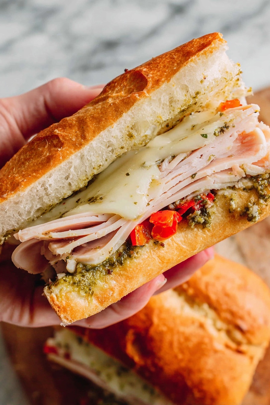 A sandwich is held by a woman's hand, made with a golden-brown crusty roll. Inside, there are layers of light pink sliced turkey meat folded smoothly, topped by melted white cheese with herbs visible in it. Below the turkey, there is a layer of greenish pesto mixed with pieces of red roasted peppers. The bread looks soft and airy inside, contrasting with its crunchy outer texture. The photo is taken on a white marbled surface, with the sandwich as the clear focus. Photo taken with an iphone --ar 2:3 --v 7 - Copycat Starbucks Turkey Pesto Sandwich, Starbucks turkey pesto sandwich copycat, homemade turkey pesto sandwich, copycat Starbucks sandwich recipe, turkey pesto sandwich at home