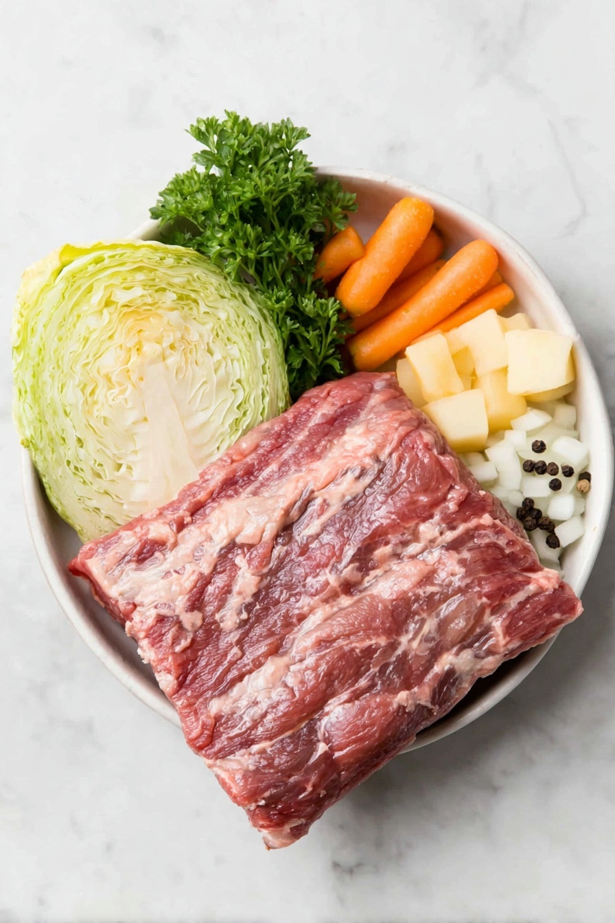 Flat lay of a fresh, lean corned beef brisket with trimmed fat, a small head of green cabbage cut into six wedges, two peeled medium carrots cut into chunks, two peeled medium parsnips cut into chunks, a small pile of frozen pearl onions, a small bunch of finely chopped fresh parsley, two whole bay leaves, and a few whole black peppercorns arranged neatly in a simple white ceramic bowl, all placed on a clean white marble surface, soft natural light, photo taken with an iPhone, professional food photography style, fresh ingredients, white ceramic bowls, no bottles, no duplicates, no utensils, no packaging --ar 2:3 --v 7 --p m7354615311229779997 - Crock Pot Corned Beef and Cabbage, slow cooker corned beef recipe, easy corned beef and cabbage, effortless Irish dinner, hearty crock pot meal