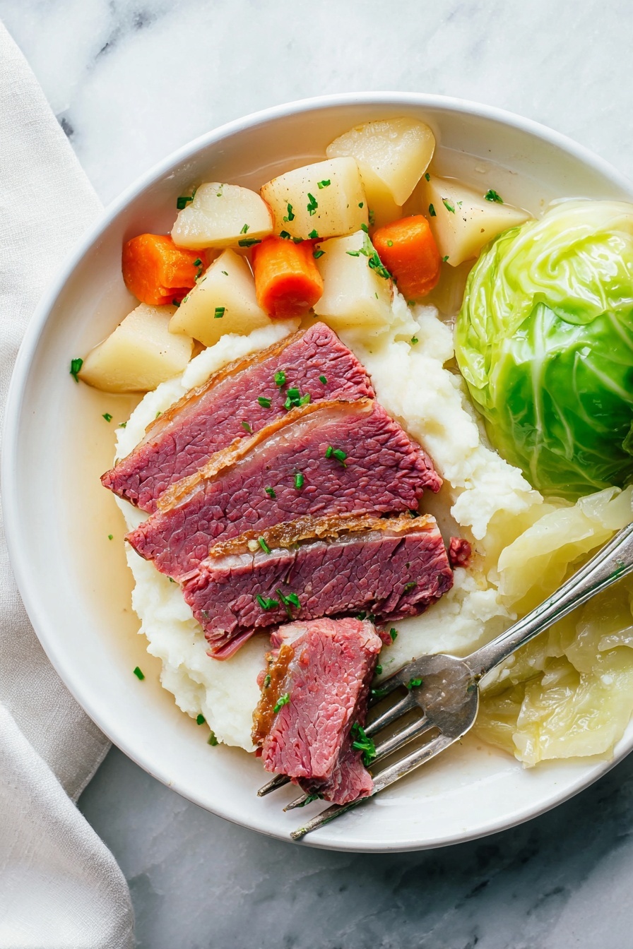 A white plate sits on a white marbled surface holding three thick slices of pink corned beef with a brown edge placed on a bed of smooth white mashed potatoes. To the left of the beef are small chunks of soft-looking orange carrots and light yellow potatoes mixed with pearl onions. To the right side of the plate, a portion of cooked green cabbage leaves is neatly folded. A silver fork rests diagonally on the mashed potatoes with one piece of beef pierced on its prongs and a touch of green garnish scattered lightly over the entire dish. photo taken with an iphone --ar 2:3 --v 7 - Crock Pot Corned Beef and Cabbage, slow cooker corned beef recipe, easy corned beef and cabbage, effortless Irish dinner, hearty crock pot meal