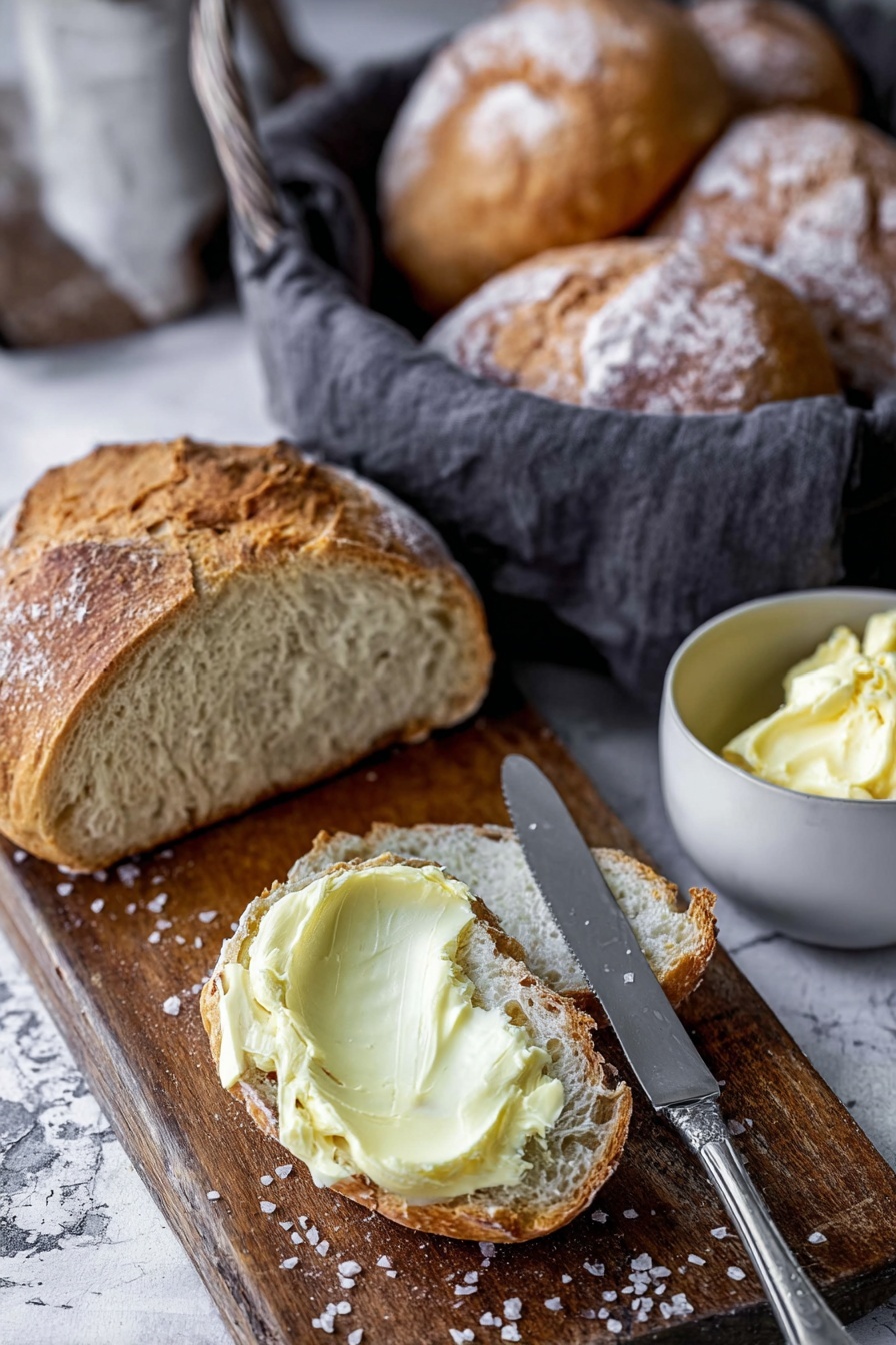 The image shows a wooden board on a white marbled texture surface with a loaf of rustic brown bread partially sliced, revealing soft white inside. One slice is topped with a thick, smooth layer of pale yellow butter with some salt flakes on top. Nearby, there is a small white bowl filled with butter and a silver butter knife resting on it, with butter spread on the knife. In the background, there is a basket lined with a dark cloth holding more round bread loaves with a golden brown crust and light dusting of flour. Photo taken with an iphone --ar 2:3 --v 7 - Irish Soda Bread, Irish Soda Bread Recipe, easy Irish bread, rustic Irish bread, traditional Irish soda bread