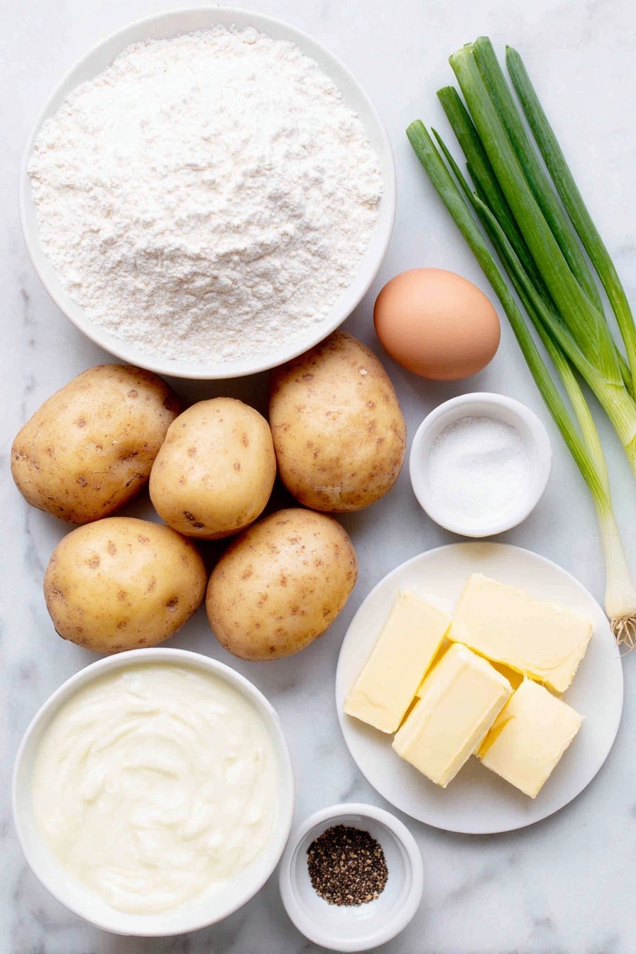 Flat lay of peeled and halved russet potatoes, a small mound of all-purpose flour on a white ceramic plate, a single large whole egg with a clean shell, thinly sliced fresh scallions arranged neatly on a white ceramic dish, a small white bowl filled with creamy buttermilk, a small white bowl holding fine kosher salt crystals, a small white bowl containing baking soda powder, a small white bowl with freshly ground black pepper, a few pats of unsalted butter stacked on a plain white ceramic plate placed on a clean white marble surface, soft natural light, photo taken with an iPhone, professional food photography style, fresh ingredients, white ceramic bowls, no bottles, no duplicates, no utensils, no packaging --ar 2:3 --v 7 --p m7354615311229779997 - Irish Potato Pancakes, Irish potato pancakes, Boxty pancakes, traditional Irish potato pancakes, easy Irish potato pancakes