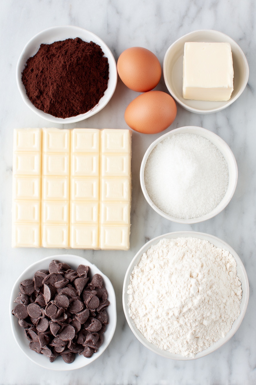 Flat lay of a small pile of rich unsalted butter sticks, a mound of granulated sugar, a heap of dark cocoa powder, a small white bowl filled with creamy Baileys Irish Cream, a pinch of coarse kosher salt, two large whole brown eggs with clean shells, a small white bowl of vanilla extract, a scattering of glossy semisweet chocolate chips, a small mound of all-purpose flour, a square of fresh cream cheese, a small pat of unsalted butter at room temperature, a pile of powdered sugar in a white ceramic bowl, placed on a clean white marble surface, soft natural light, photo taken with an iPhone, professional food photography style, fresh ingredients, white ceramic bowls, no bottles, no duplicates, no utensils, no packaging --ar 2:3 --v 7 --p m7354615311229779997 - Baileys Irish Cream Brownies, Irish Cream Brownies, Boozy Brownie Recipes, Fudgy Baileys Brownies, Best Baileys Brownies