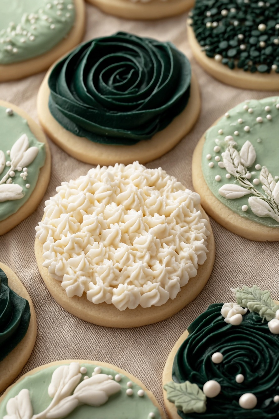 A collection of round sugar cookies with smooth, light beige bases and varied frosting designs sits on a textured beige cloth. One cookie features a dense layer of creamy white piped swirls and dots arranged closely in a patterned texture covering the entire top. Surrounding cookies display frosting in soft green and dark forest green shades, decorated with small white pearl-like sprinkles. Some cookies have smooth green frosting bases with scattered sprinkle clusters, others show dark green rose-shaped swirled frosting, and one presents a combination of green leaves and white floral shapes made from piped frosting. The overall look is elegant and delicate with soft matte and slightly shiny icing textures. photo taken with an iphone --ar 2:3 --v 7 - Creamy Buttercream Frosting for Sugar Cookies, vanilla almond frosting, easy sugar cookie frosting, silky buttercream icing, homemade frosting for sugar cookies